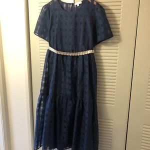 ANTHROPOLOGIE Eri + Ali Tiered Lattice Overlay Midi Dress - Navy - XL